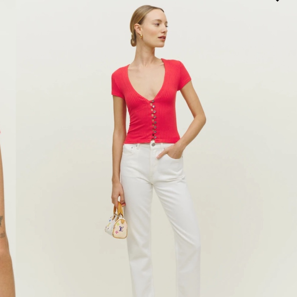 Reformation Nella Knit Top Short Sleeve in Ruby Red Size Small